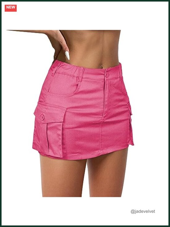 Dresses & Skirts - Denim Mini Skirt - Low Rise Cargo Jean Skirt with Pockets